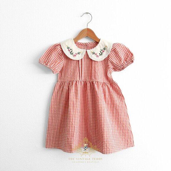 Other - NWT Pretty Girls Floral Embroidered Bib Collar Dress Gingham Blush & White 5T